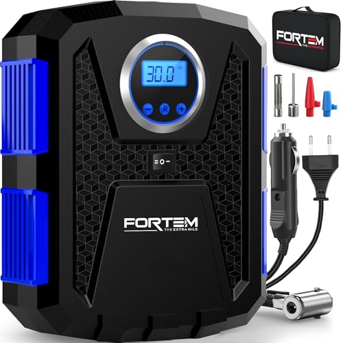 FORTEM Inflador de rodas de carro, compressor de ar - compressor de ar portátil para rodas de 230 V AC 12 V DC com luz LED, medidor de pressão digital, auto-bombeamento, paragem automática - bolsa de