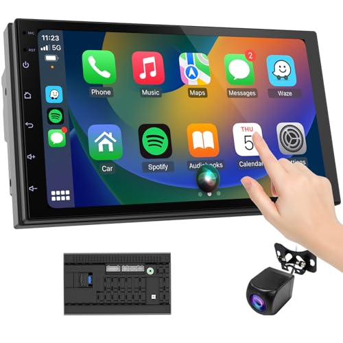 Haudio Rádio carro 2 DIN com CarPlay sem fios e Android Auto, ecrã táctil de 7 polegadas, suporta mãos livres/FM/Mirror Link/AUX com câmara de apoio (RAM 2 GB + ROM 64 GB)