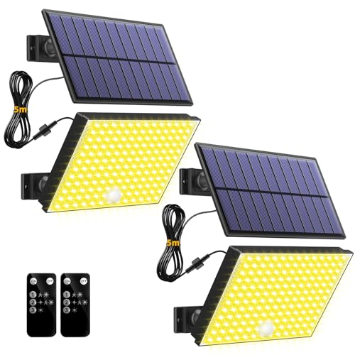 Topabol Focos LED exteriores solares, 400 LED luz solar exterior 3 modos, impermeável, amarelo quente luz solar exterior com sensor de movimento para segurança e iluminação, 2 pacotes