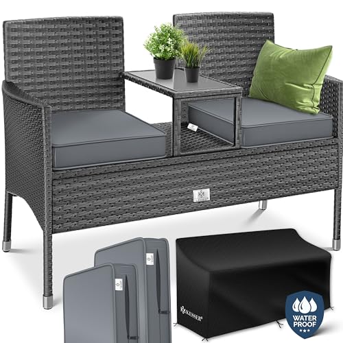 KESSER® Banco de jardim de polirattan de 2 lugares com mesa e almofadas integradas, 133 × 63 × 84 cm, vime sintético, para jardim, varanda, sofá de jardim, resistente à Intemperie, muito estável