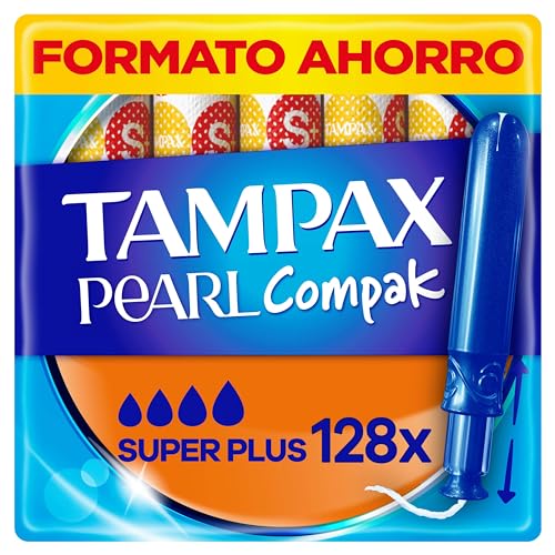 Tampax Tampões Pearl Compak Super Plus com aplicador suave, pack de 128, 3 em 1 proteção contra fugas, conforto e fácil inserção