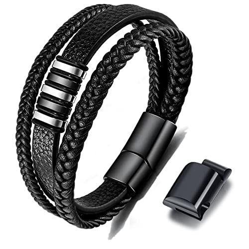 Gkmamrg Pulseira de couro para homem preto - bracelete homem correia de couro genuíno trançado, pulseira de rolo larga com fecho magnético, 22,5 centímetros, couro, Couro