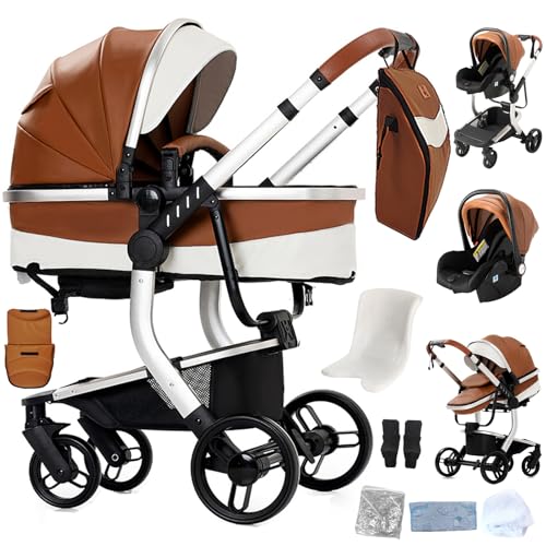 Reenborn Carrinho de couro PU para bebé 3 em 1, carrinho de bebé com design dobrável com um só clique, carrinho de bebé com dois modos de pressão reversíveis, carrinho de 3 peças com moldura de
