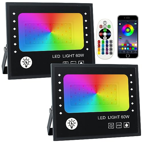 Foco LED RGB, OUSIDE 60 W Foco LED cores exteriores, com APP Bluetooth e controlo remoto IP66 impermeável multicolor projetor para interior jardim, terraço Halloween(2 unidades)