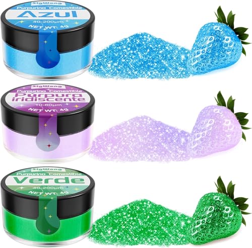 Purpurina comestível - 3 x 4 g purpurina comestível nas costas, cor alimentar comestível Set Sprinkle para bebidas, decoração de bolos - azul, verde, roxo iridescente