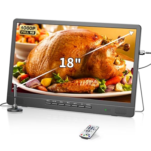 Desobry Portátil TV, 18" Mini LCD TV com sintonizador DVB/T2, 12 V televisores, HD 1080P, para campismo ao ar livre, quarto, cozinha, suporta entradas USB/HDMI/AV