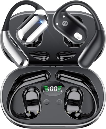 Auriculares sem fios desportivos, 2025 sem fios auriculares orelha aberta Bluetooth 5.4 com gancho, 50 horas de reprodução com ecrã LED, IP7 impermeável para Running Sport, controlo tátil