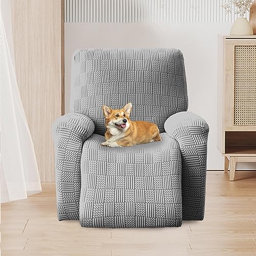 OKYUK Capa de poltrona Relax, alta elasticidade para poltrona Relax reclinável, capa reclinável, 4 peças, com bolsos laterais, removíveis e laváveis capas de proteção (cinzento claro às riscas)