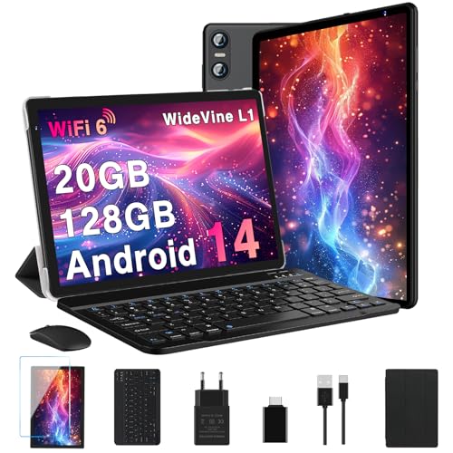 Biegedy Tablet de 10 polegadas Android 14, 20 GB RAM + 128 GB ROM (TF 1TB), Dual Band WiFi 6, Octa-Core, Widevine L1/5 MP 8 MP / 1280 * 800 pixels/GMS/Bluetooth 5.00. , tablet com Teclado e rato preto