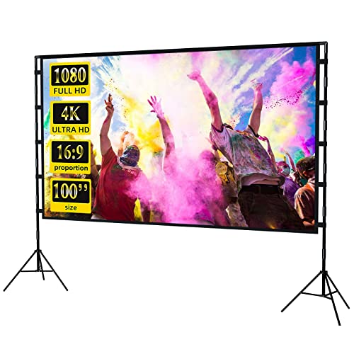 Ecrã de projetor portátil com suporte, projeção fina 16:9 4 K HD, ecrã de filmes com bolsa de transporte para interiores e exteriores, cinema em casa, pátio, viagens