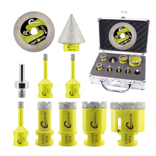 SANLEETEK Broca Diamante Porcelânico - coroas para Porcelânico de 10 peças (6/6/8/20/25/35/50 mm + 35 mm broca chanfro + 115 mm disco diamante X malha adaptador) para porcelana cerâmica mármore