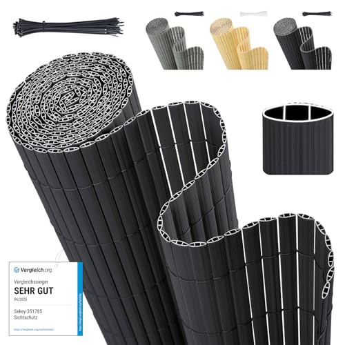 Sekey Canhizo de PVC, malha escondida com flanges para cabos, ecrã de privacidade, varanda, jardim, fitas duplas reforçadas, resistente ao interior, 140 x 300 cm, antracite