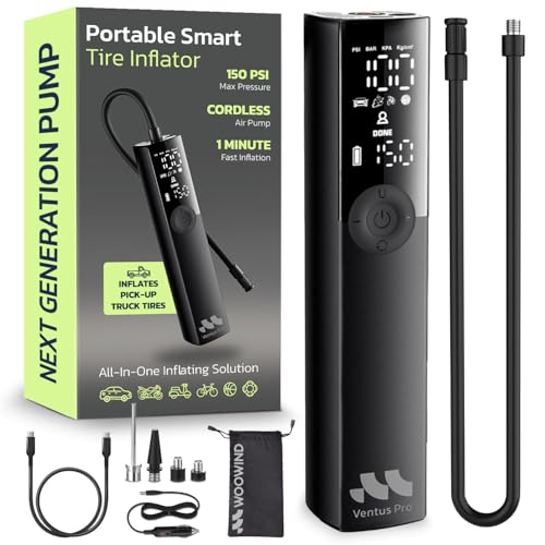 Woowind Ventus Pro Compresor de Aire Portátil para Coche, Bici, Moto, SUV y Pickup - Inflador Eléctrico de Neumáticos, 150 PSI, Uso Inalámbrico o con Cable 12V DC, Apagado Automático y Linterna LED