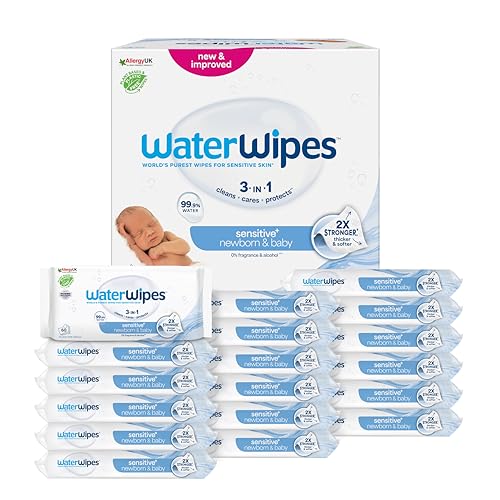 WaterWipes Sensitive + Newborn & Baby Wipes, 1080 unidades (embalagem de 18), 3 em 1 limpa, cuidado, protege, 99,9% água, sem perfume