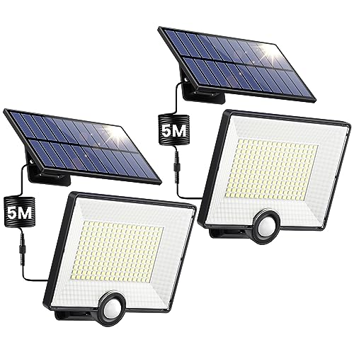 [204 LED/2000 LM/3 modos] luz solar exterior, [2 pacotes] holofotes LED exteriores solares com sensor de movimento, IP65 impermeável Split candeeiro solar exterior com cabo de 5 m para jardim garagem