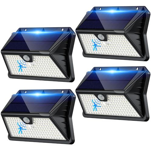 Giliwosy Luz solar para exterior, 4 pacotes/3 modos: luzes solares com sensor de jardim de movimento, 185 LED, holofotes LED solares exteriores IP65, impermeável para jardim, garagem, pátio, portas