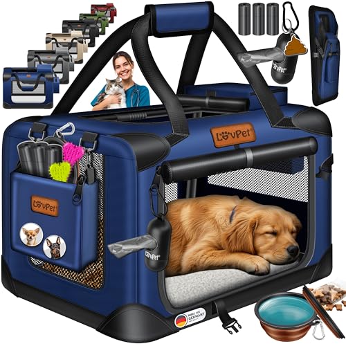 LOVPET® Caixa de transporte para cão e gato, bolsa de transporte, mala dobrável para cão e gato, Incl. Alimentador para cão e mala de ombro, XXXL - 102 x 69 x 69 cm - azul-marinho