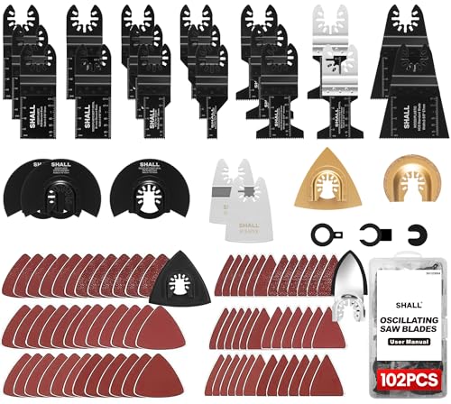 SHALL 102 lâminas multiferramentas, kits de acessórios oscilantes para várias ferramentas, lâminas HCS e bimetálicas, almofada de lixagem, raspador, estojo de armazenamento incluído