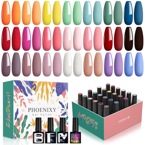 Phoenixy 24 peças, 7 ml, 21 cores, vernizes semipermanentes, com camada de base, camada superior brilhante e mate, kit unhas semipermanentes, esmalte para manicure