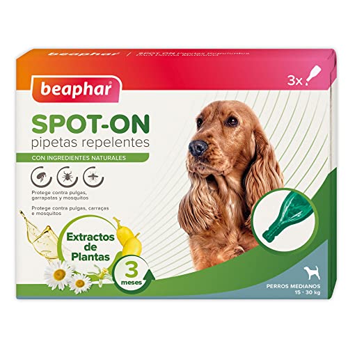Beaphar Pipetas repelentes naturais para cães médios (15 a 30 kg) - 3 meses de proteção natural contra carrapatos, pulgas e mosquitos - 3 pipetas de 2 ml. A embalagem pode variar