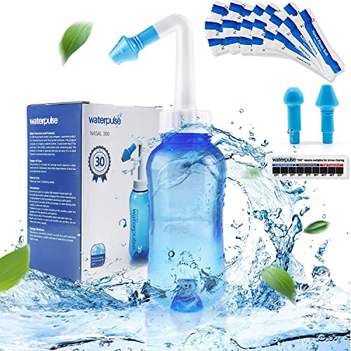 WATERPULSE Neti Pot Sinus Garrafa de enxaguamento de 300 ml, limpador de nariz, com 30 embalagens de sal e um termómetro, do limpador nasal rega à pressão para adultos e crianças, sem BPA, azul