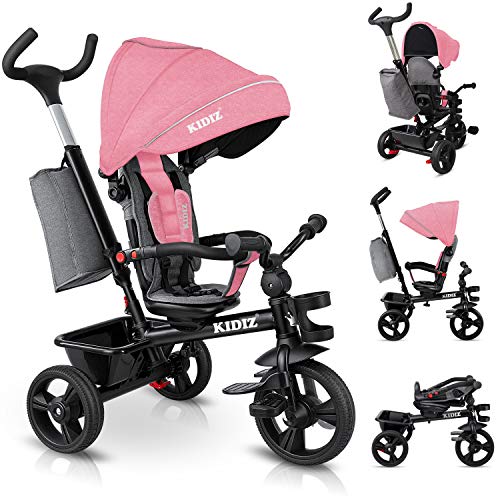 KIDIZ® Triciclo 5 em 1 para crianças com barra de pressão sistema de direção, barra para crianças de 1 ano, funciona em ambos os sentidos: frente e reverso, saco, cesta, suporte de bebida