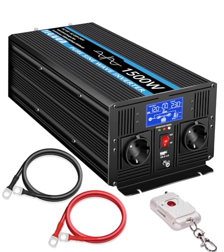 JIGUUN Inversor de 1500 W 12 V 220 V de onda pura Inverter com carregador de 30 A e circuito prioritário de rede e SAI, 2 tomadas UE, controlo remoto sem fios e ecrã LCD de potência de pico de 3000 W