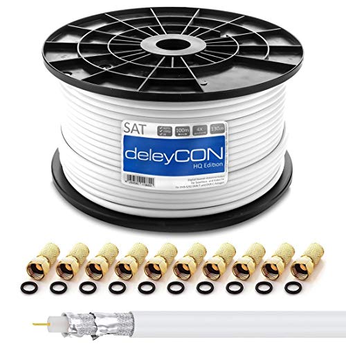 deleyCON HQ 100 m Cabo Coaxial SAT 130 dB Blindado de 4 camadas DVB-S+S2/T/C cabo de banda larga 4K 1080p FULL HD HDTV com 10 conectores F dourados