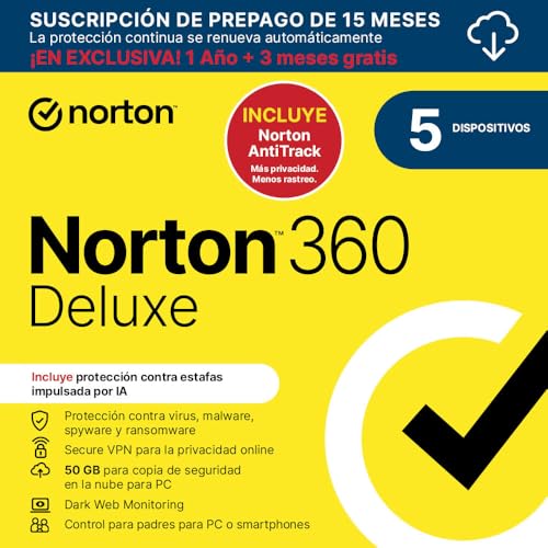 Norton 360 Deluxe+Norton AntiTrack 2025|Antivírus 5 Dispositivos| 15 meses com renovação automática| Descarga digital