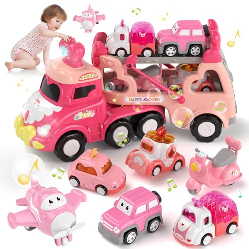 usrela Camião brinquedos crianças 2 3 anos, 7 em 1 carros de brinquedos com luzes e som, fricção camião de transporte com 6 carros pequenos presente para menina de 1 2 3 4 anos