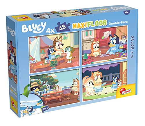 Lisciani - Puzzle Bluey - 4 quebra-cabeças de 48 peças - jogo criativo - jogo de puzzle - vários personagens - frente e verso - 2 em 1 - puzzle e colorir - 35 x 25 cm - Para crianças a partir de 4