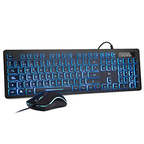 Rii Rk105 RGB Teclado e rato retroiluminado com cabos, conjunto de teclado e rato para gamers para PC Gamers, escritório, design gráfico
