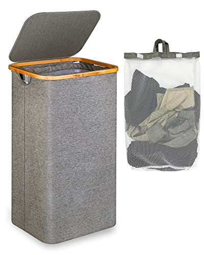 efluky Cesto de roupa suja, cesto de roupa grande com tampa, cesto de roupa alta de 120 litros com alças de bambu para roupa, balde de roupa suja, cesto de roupa dobrável laundry basket XXL com bolsa