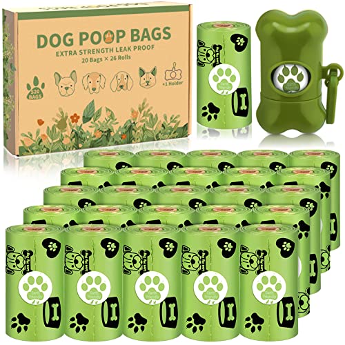 McNory Sacos para excrementos para cães, 520 unidades / 26 rolos sacos cocó cão com dispensador, feito de mistura de amido de milho, extra grossa à prova de fugas, forte e à prova, verde