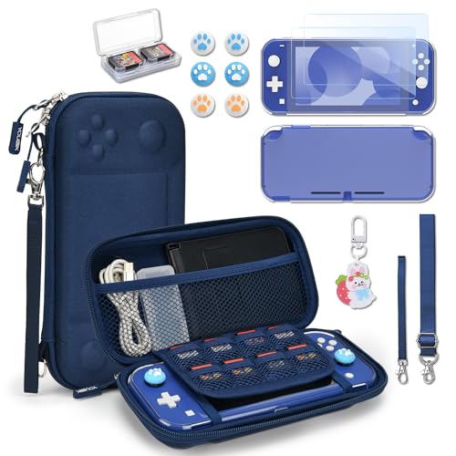 Younik Capa Switch Lite, acessórios azuis NS Switch Lite 14 em 1, capa de transporte de Switch Lite, estojo para cartões de jogo, 2 protetores de ecrã, 6 ganchos para o polegar, pendente