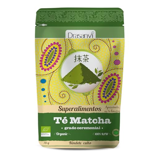 DRASANVI Te Matcha Ceriemonial em pó BIO | Alto em antioxidantes, relaxamento e concentração pelo seu conteúdo em L-Teanina | Reforça o sistema imunitário, superalimento ecológico, 70 g