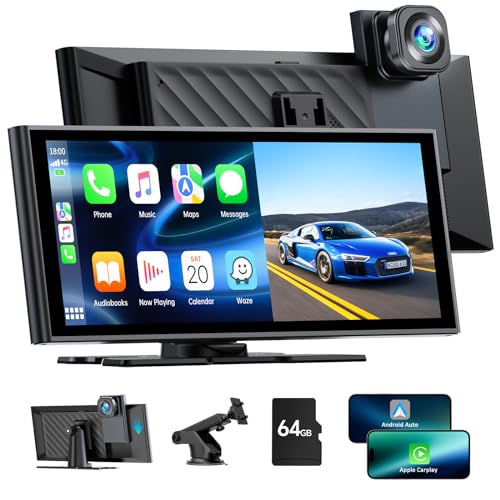 9,26 polegadas A-pple Carplay sem fios e Android Auto, ecrã carro com Dash CAM frontal 4K, ecrã portátil carro rádio recetor com Mirror Link/Bluetooth/GPS/SIRI/Go0gle/FM/64G Alto 3-6 Meses