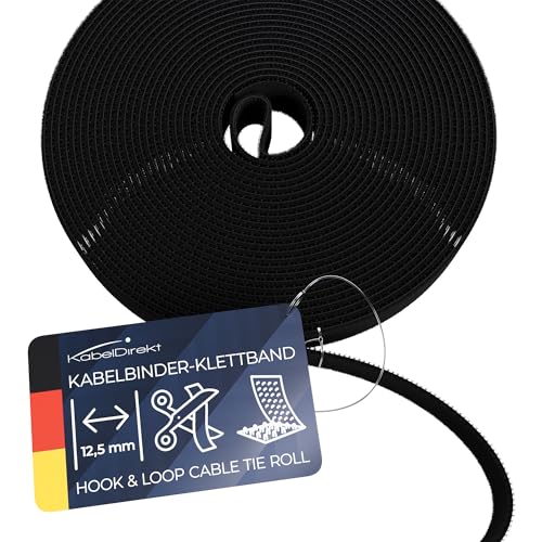 KabelDirekt Grampos para cabos de 12,5 mm x 15 m, corte à medida, reutilizável (rolo de fita para cortar, gancho e laço resealable, conecta cabos e muito mais)