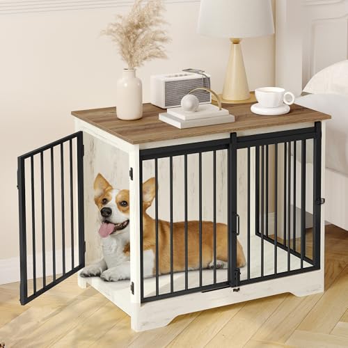 Hzuaneri 81 cm gaiola para cães, mesa auxiliar, casa moderna para cães, gaiola para cachorros, duplex para animais, 2 portas, 55 x 81 x 67,5 cm, branco e castanho DFC83614B