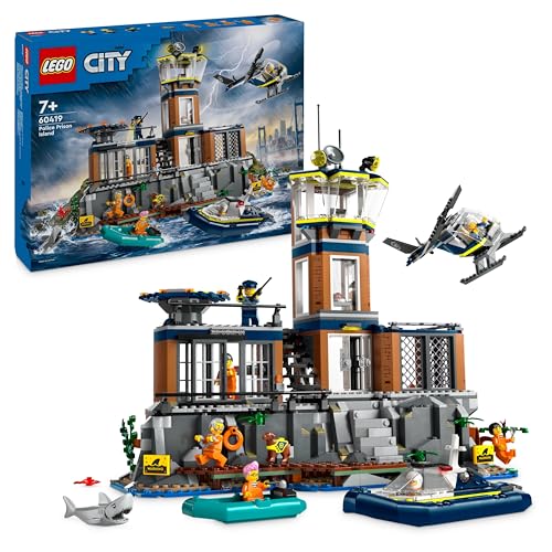 LEGO City Ilha da Prisão da Polícia, presente de aniversário para meninos e meninas de 7 anos ou mais, helicóptero, barco, larga e prisão de brinquedo, 7 minifiguras e figuras de animais cão e tubarão