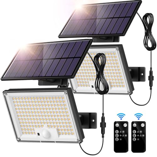 SIGRILL Focos solares exteriores, 172 LED luz solar exterior com sensor de movimento de 3 modos, IP65 candeeiro solar com controlo remoto, 6000 K luz solar exterior jardim garagens, 2 pacotes