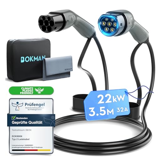 bokman EV Cabo de carregamento tipo 2, 22 kW / 32A / trifásico / 3 metros / modo 3, cabo de carregamento rápido híbrido tomada para veículo elétrico tipo 2 a tipo 2