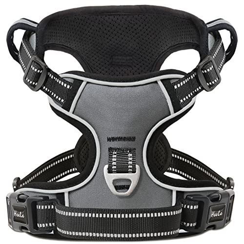 HEELE Arnês para cão arnês peito antipuxões cão arnês conforto colete cão para treino correr com aderência acolchoada e linhas refletoras arnês para cão médio, cinzento, M