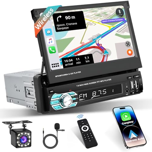 Inefala 1 DIN Autorrádio Bluetooth com 7 polegadas ecrã tátil Wireless Carplay & Android Auto & Mirror Link, rádio de carro com rádio FM SWC comando à distância Mic+câmara traseira