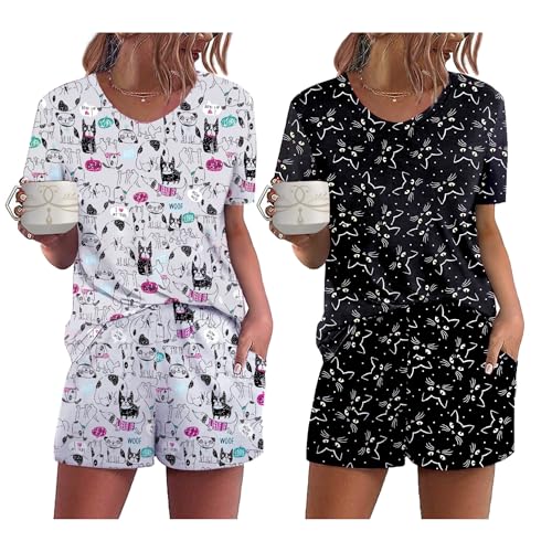 Ekouaer 2 Pacotes de pijama para mulher, manga curta, verão, bonito estampado redondo