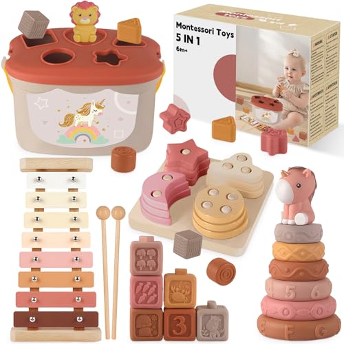 Brinquedos bebés 6-12 meses | 5 em 1 brinquedos Montessori sensoriais com brinquedos de madeira para empilhar e classificar, brinquedo educativo bebé 6 9 12 meses | presente 6 a 12 meses aniversário