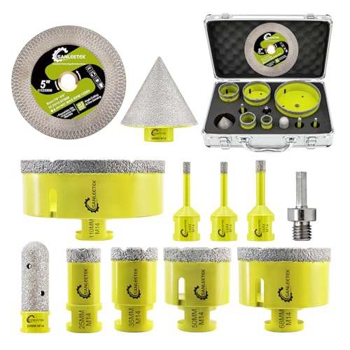 SANLEETEK Broca Diamante Porcelânico - Coroas para Porcelânico de 12 peças (6/6/8/25/35/50/68/110 mm + 20 mm morango diamante + 50 mm broca chanfro 125 mm disco X + adaptador) para mármore porcelana