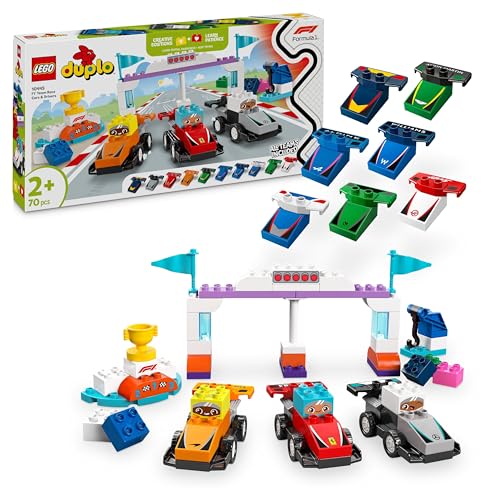 LEGO Duplo Minha cidade carros de corridas e pilotos da equipa de F1 - brinquedo para mobilidade fina para meninos e meninas de 2 anos - 10 carros de brinquedo com semáforo e troféu - ideia de