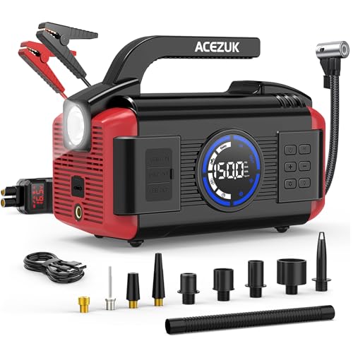 Iniciador portátil com compressor de ar, 8000 A iniciador de carros, 150 PSI bomba de inflação e esvaziamento, 11 em 1 Jump Starter (toda a gasolina / 12 l a gasóleo), LED de 400 lúmenes