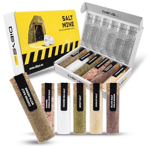 DIBYS Conjunto de presentes de sais Gourmet | 6 diferentes sais de todo o mundo com receitas incluídas, conjunto de especiarias com sal de ervas, sal de alho, sal picante e muito mais | Conjunto de